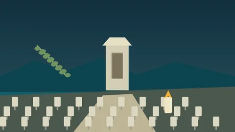 Dostojanstvena stilizirana ilustracija Spomen-groblja Kampor na Rabu uz obrise otoka i mora