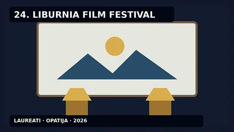 Urednička ilustracija filmskog platna i festivalskih priznanja uz siluetu Opatije