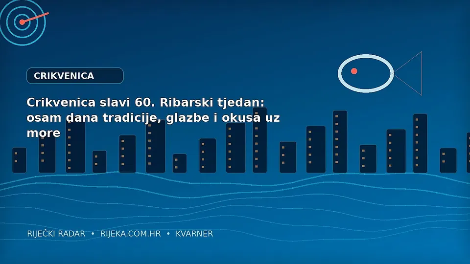 Originalna urednička ilustracija 60. Ribarskog tjedna u Crikvenici s ribarskim barkama, svjetlima i večernjom rivom